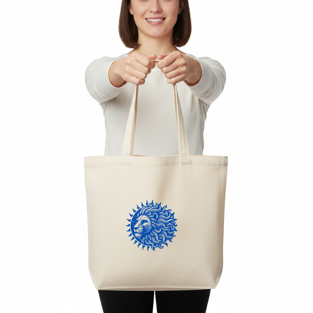 Leo Zodiac Sun and Moon Blue Motif Horizontal Canvas Tote Bag