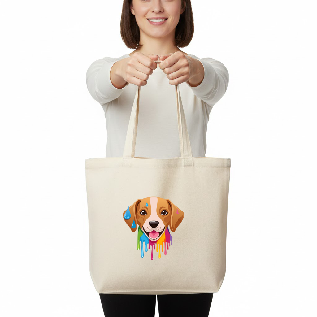 Renkli Boya Damlalı Mutlu Köpek Tasarımı Yatay Canvas Çanta