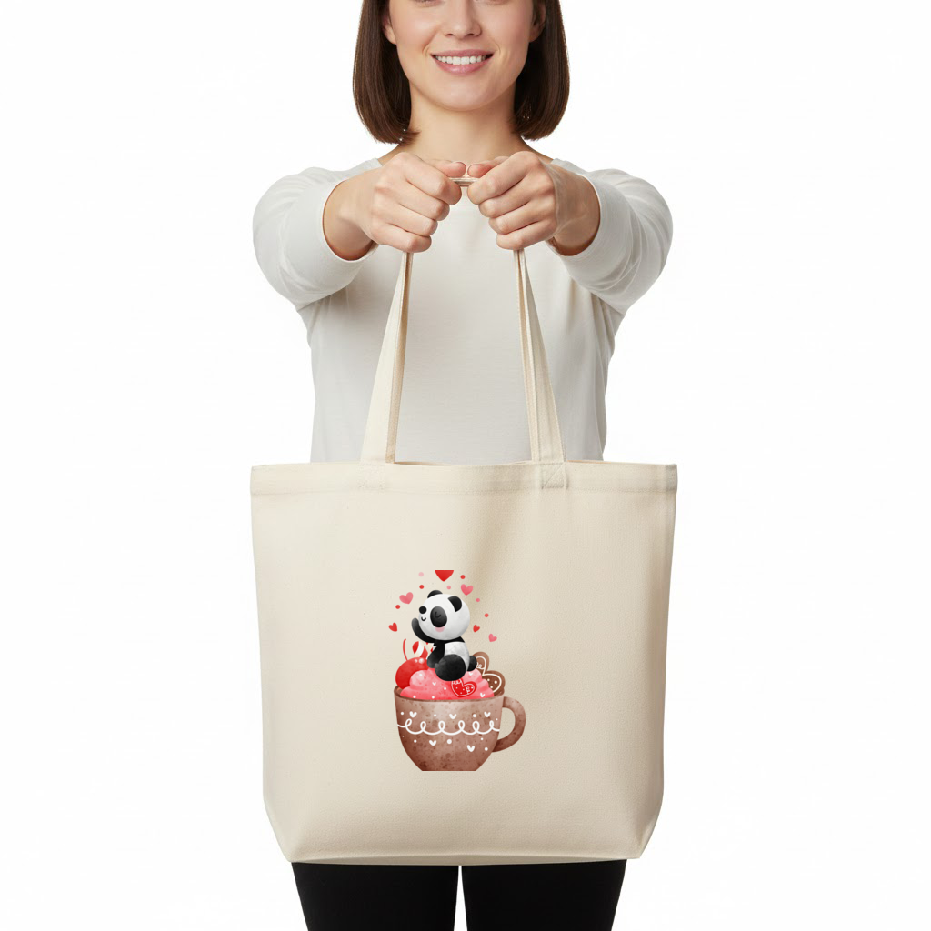 Kawaii Panda Kahve Keyfi Yatay Canvas Çanta