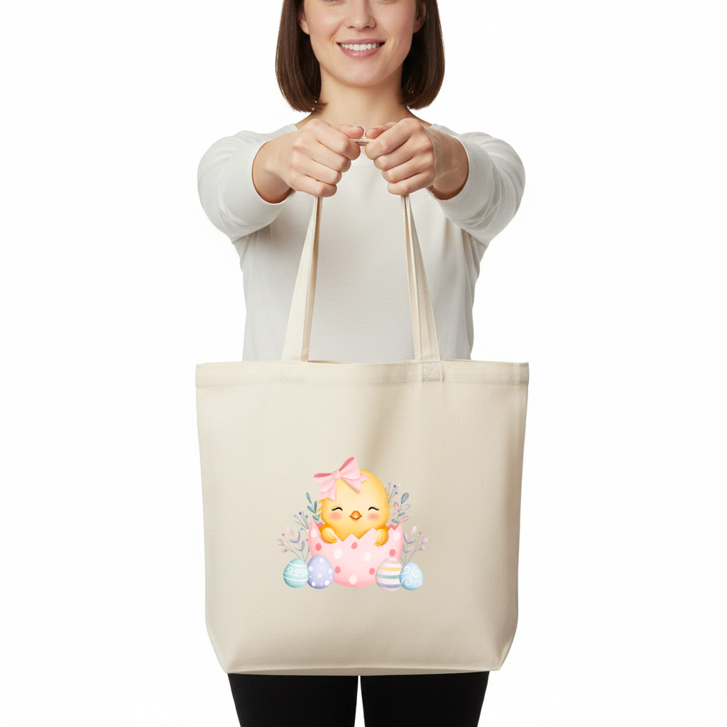 Easter Chick with Eggs Horizontal Canvas Tote Bag