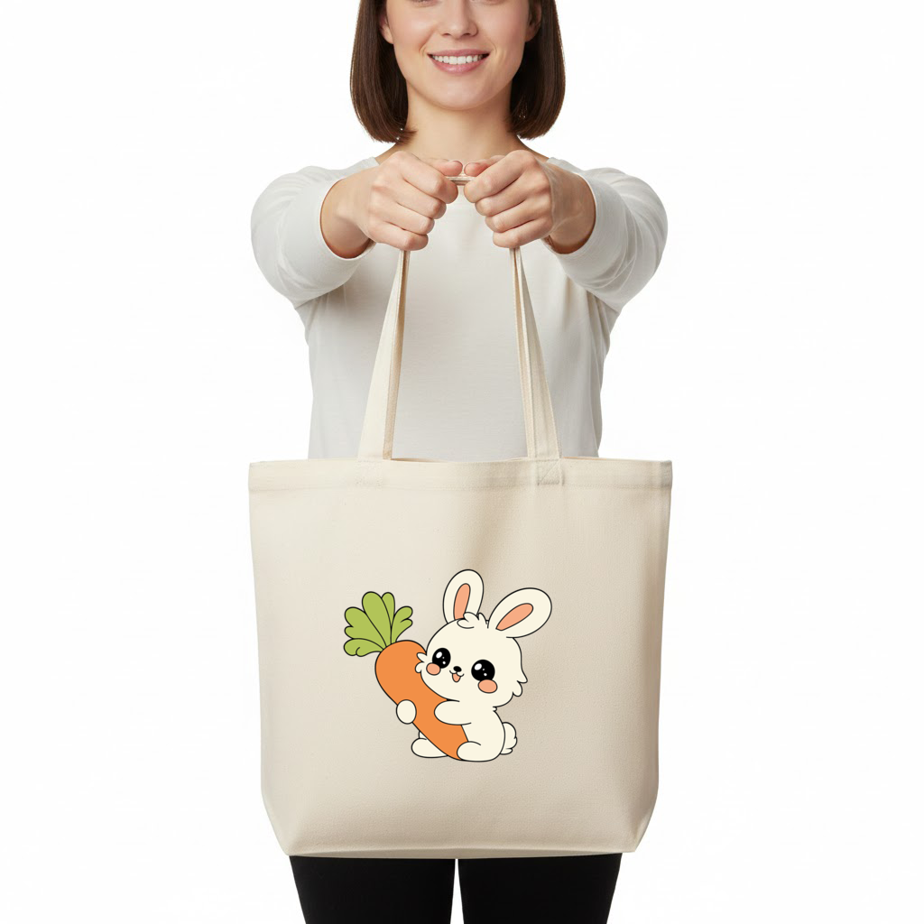 Havuçlu Kawaii Tavşan Yatay Canvas Çanta