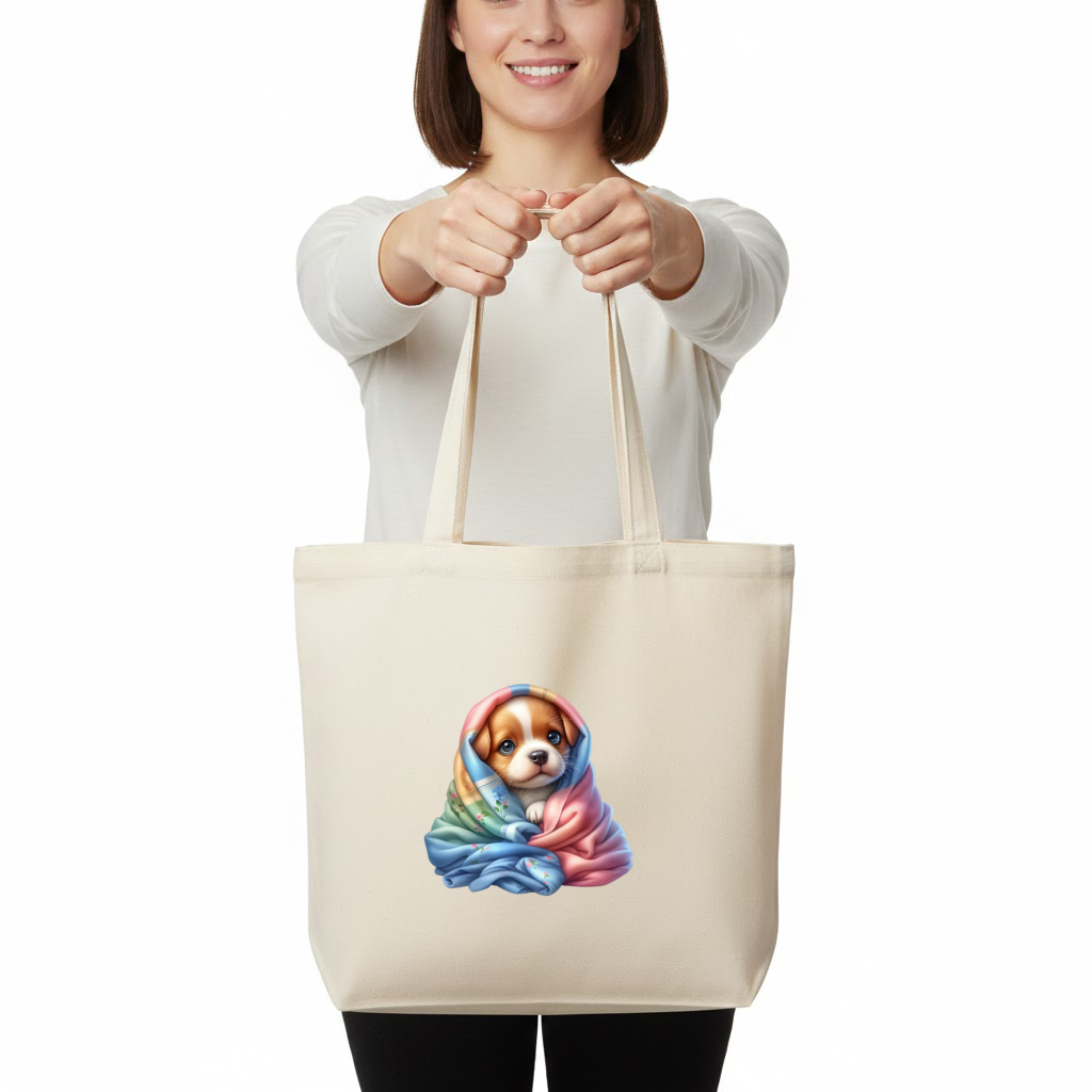 Cute Puppy Wrapped in Pastel Blanket Horizontal Canvas Tote Bag