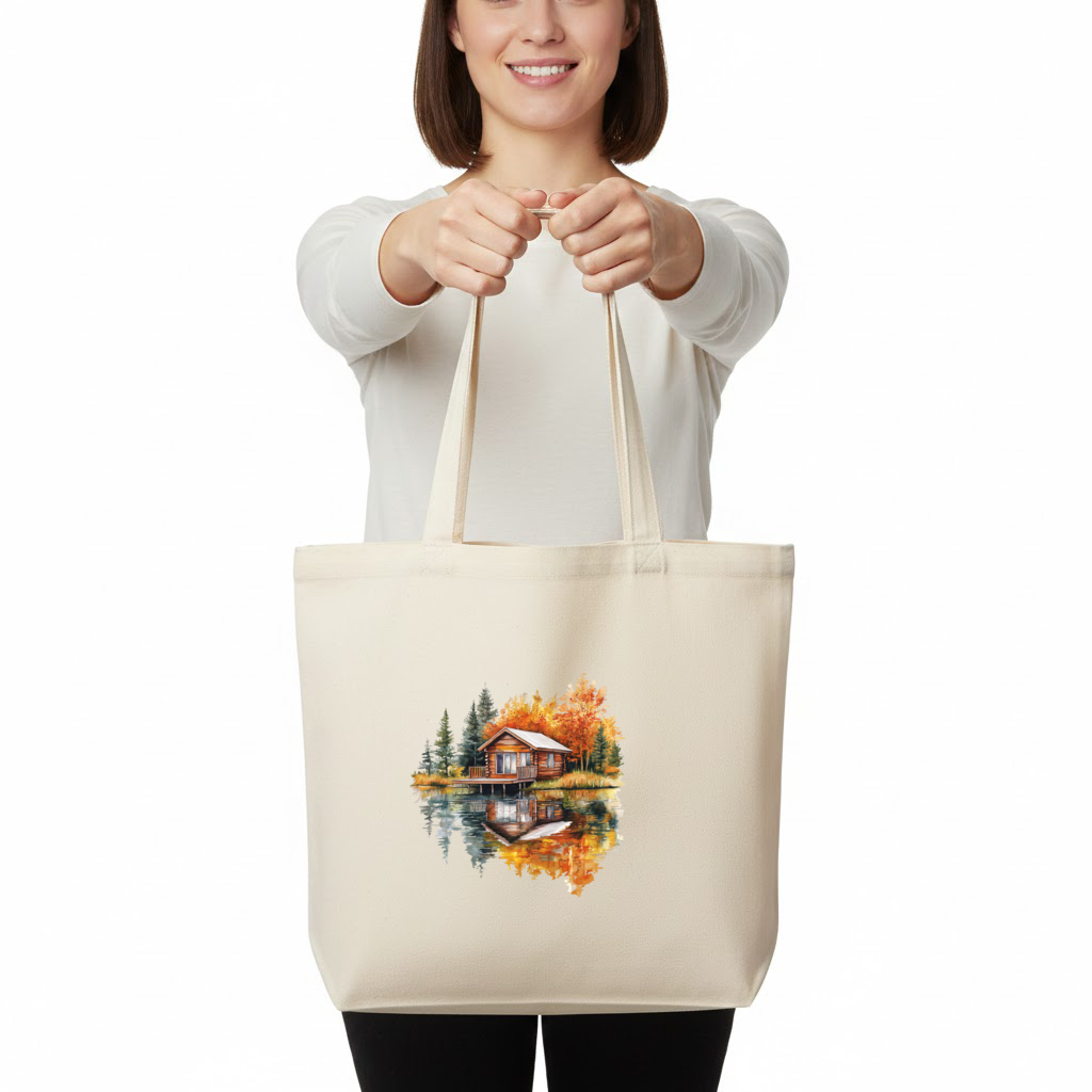 Göl Kenarı Kütük Ev ve Sonbahar Yatay Canvas Çanta