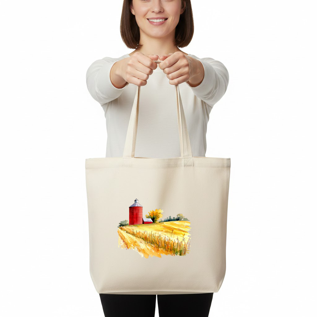Red Farm Silo and Golden Wheat Field Horizontal Canvas Tote Bag