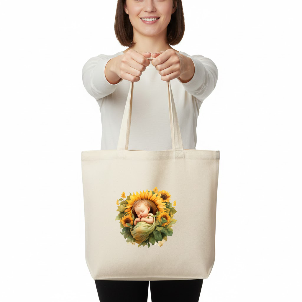 Ayçiçeği İçinde Uyuyan Bebek Yatay Canvas Çanta