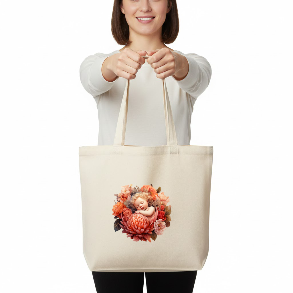 Çiçekler İçinde Uyuyan Masalsı Bebek Yatay Canvas Çanta