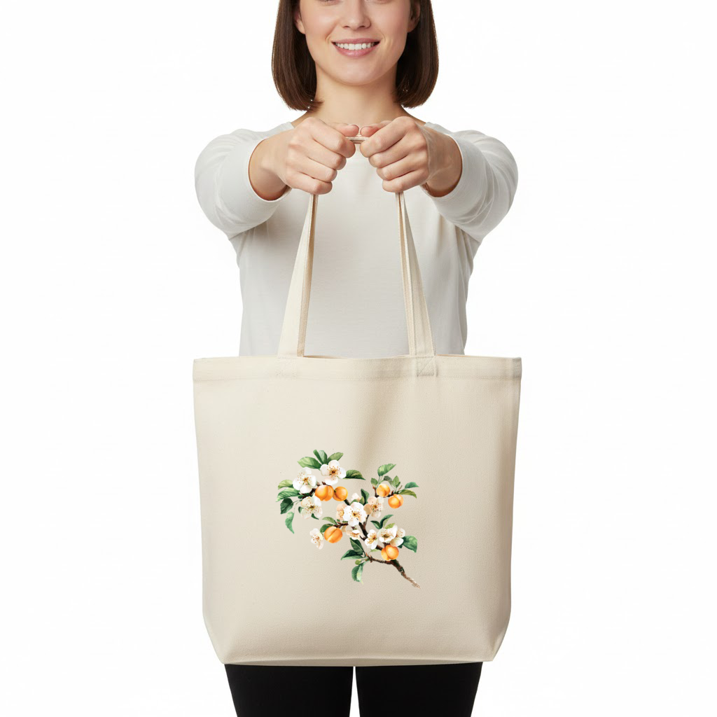 Watercolor Apricot Blossom Branch Horizontal Canvas Tote Bag