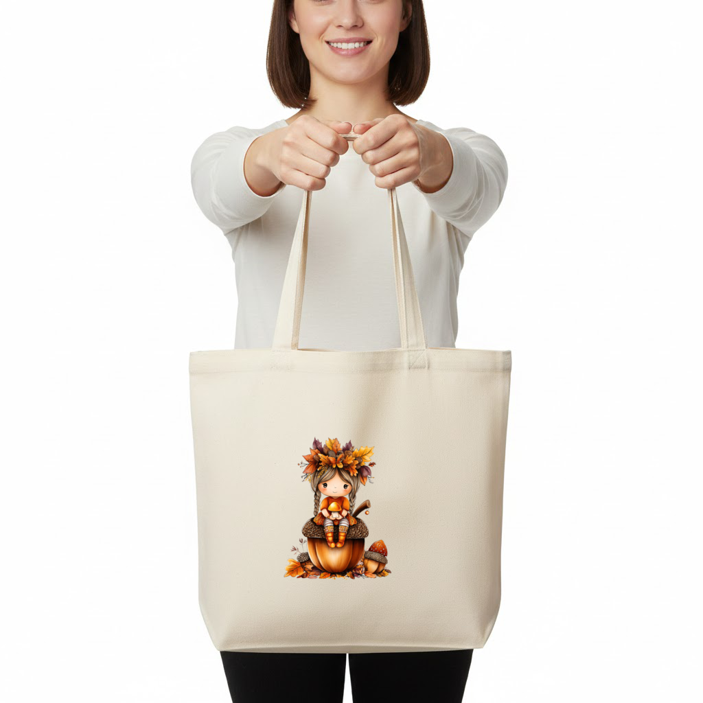 Autumn Acorn Mushroom Girl Horizontal Canvas Tote Bag