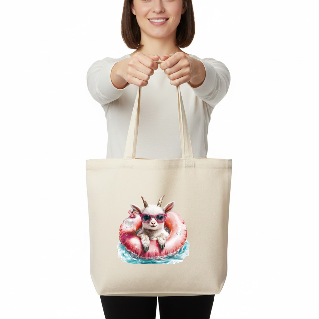 Baby Goat in Pink Pool Ring Horizontal Canvas Tote Bag