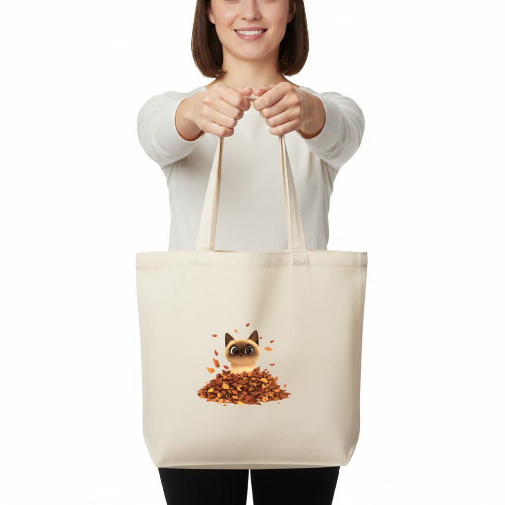 Siamese Cat in Autumn Leaf Pile Horizontal Canvas Tote Bag