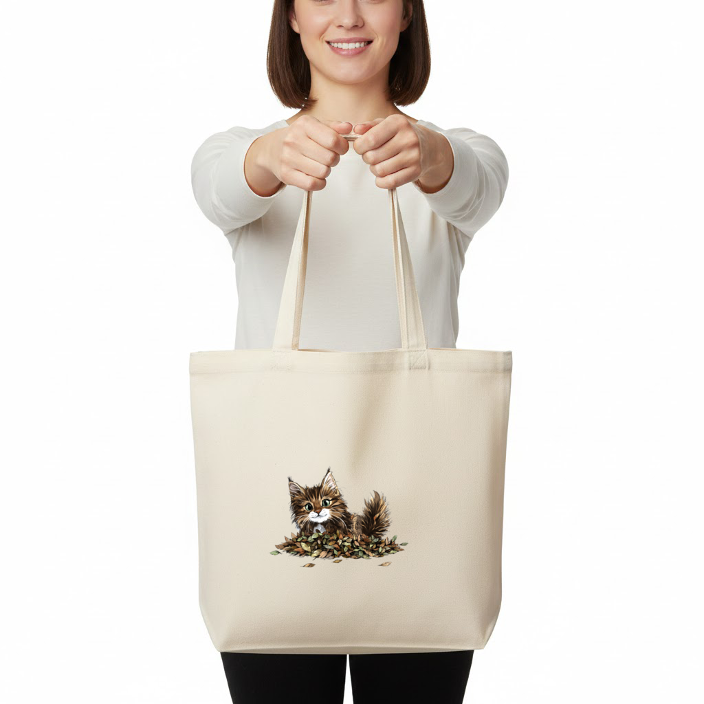 Cute Fluffy Kitten in Autumn Leaves Horizontal Canvas Tote Bag