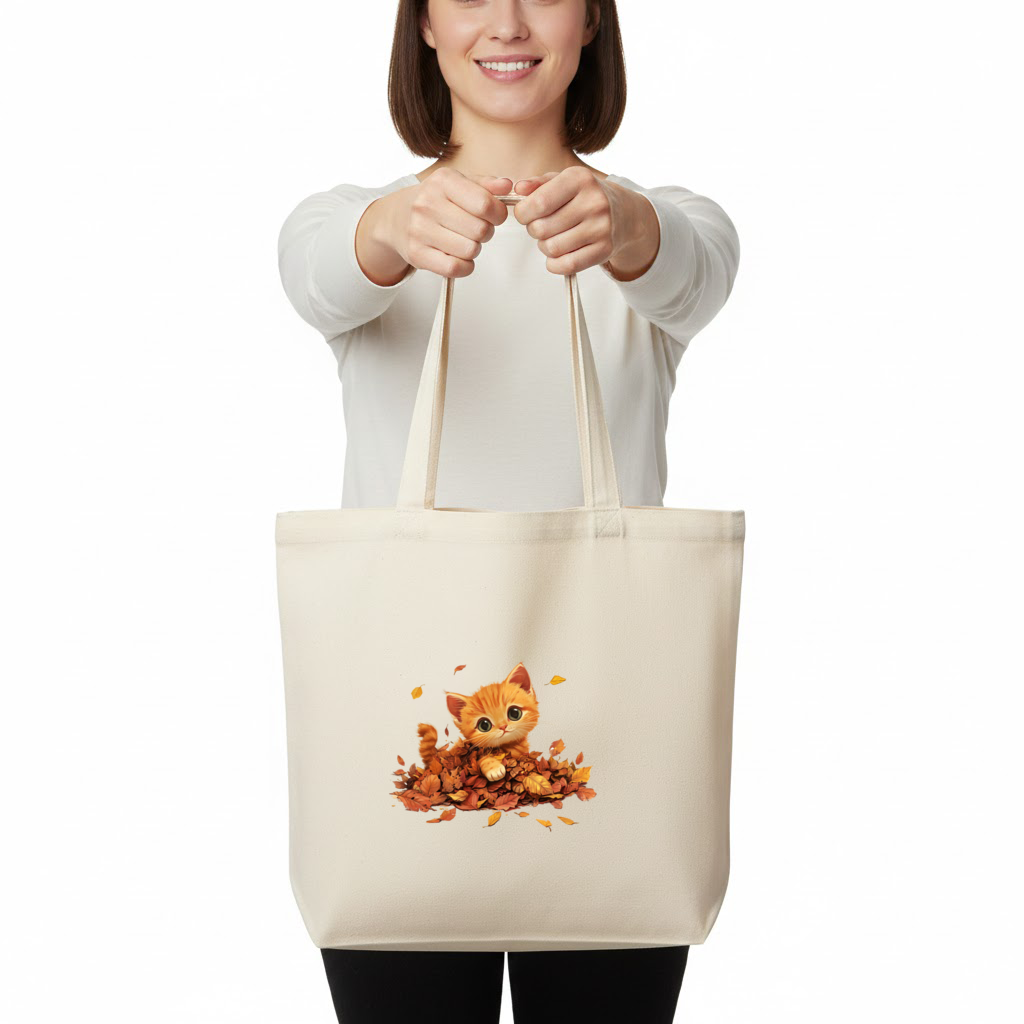 Ginger Kitten in Autumn Leaves Horizontal Canvas Tote Bag