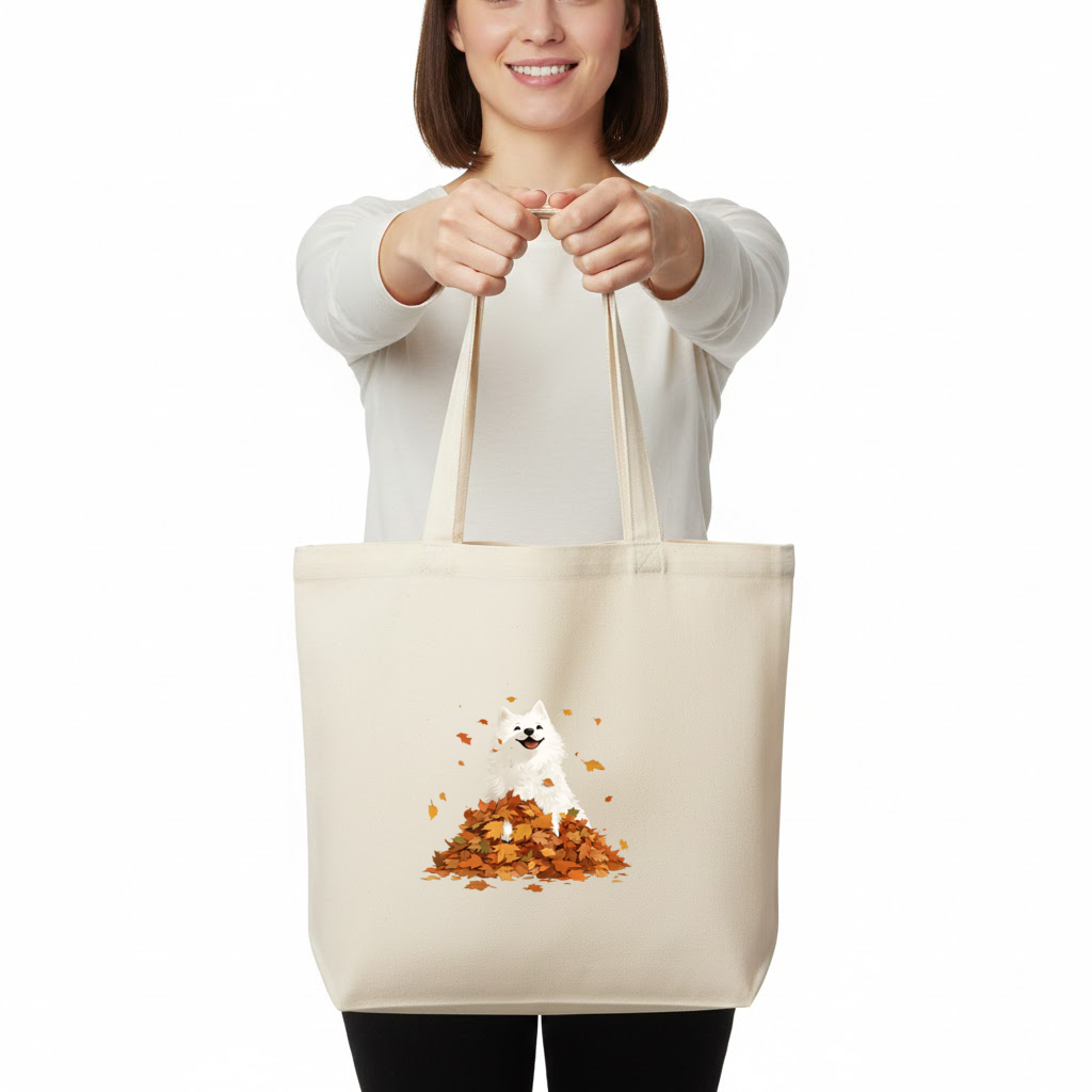 Happy White Dog in Autumn Leaves Horizontal Canvas Tote Bag