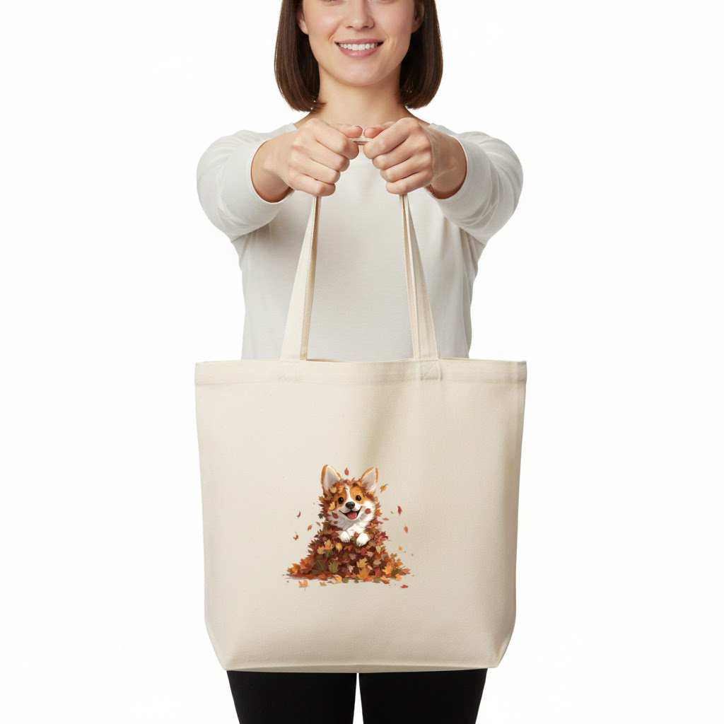 Sonbahar Yaprakları İçinde Mutlu Corgi Yatay Canvas Çanta
