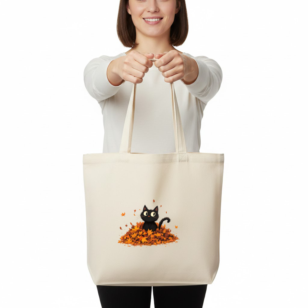 Sonbahar Yapraklarında Sevimli Siyah Kedi Yatay Canvas Çanta