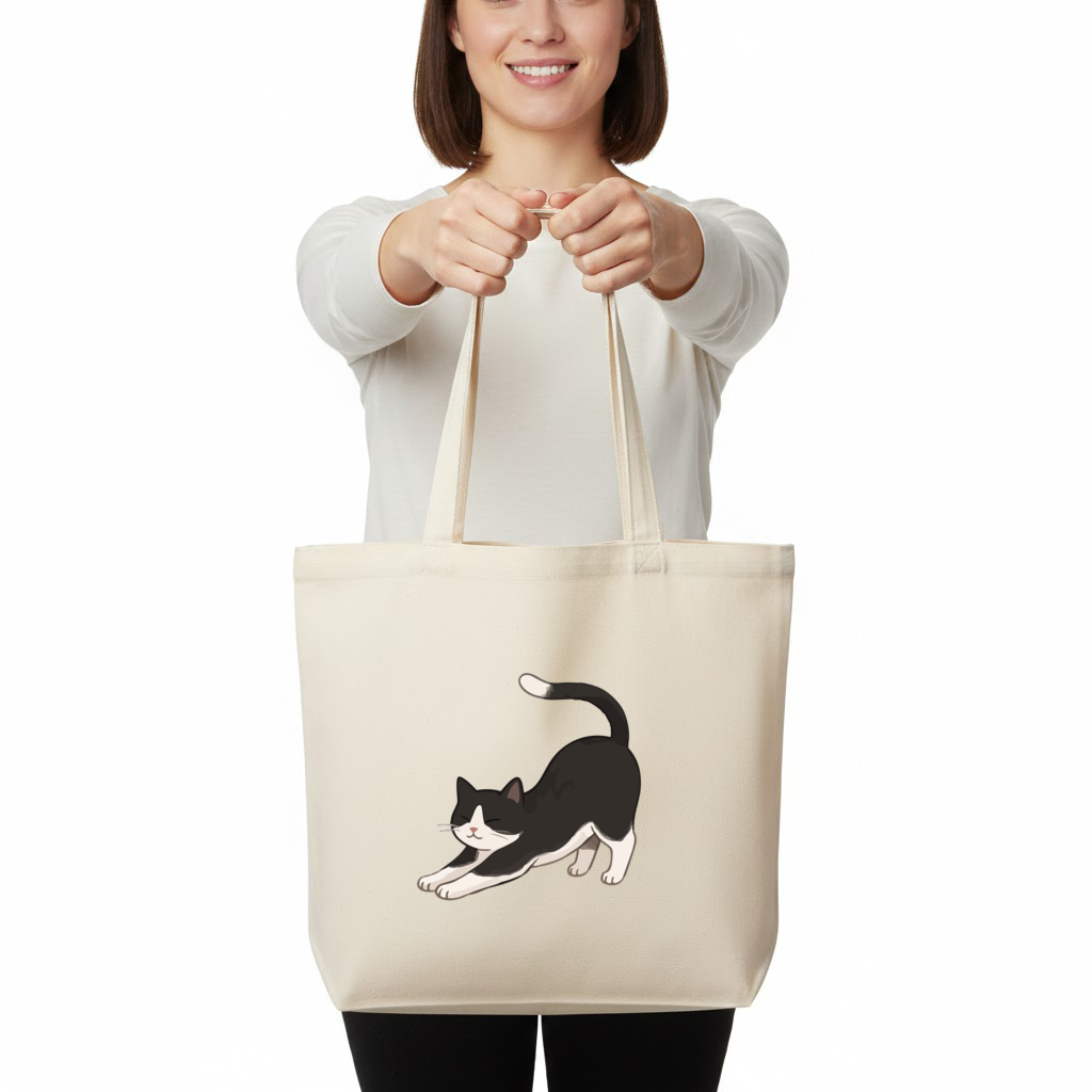 Stretching Tuxedo Cat Horizontal Canvas Tote Bag