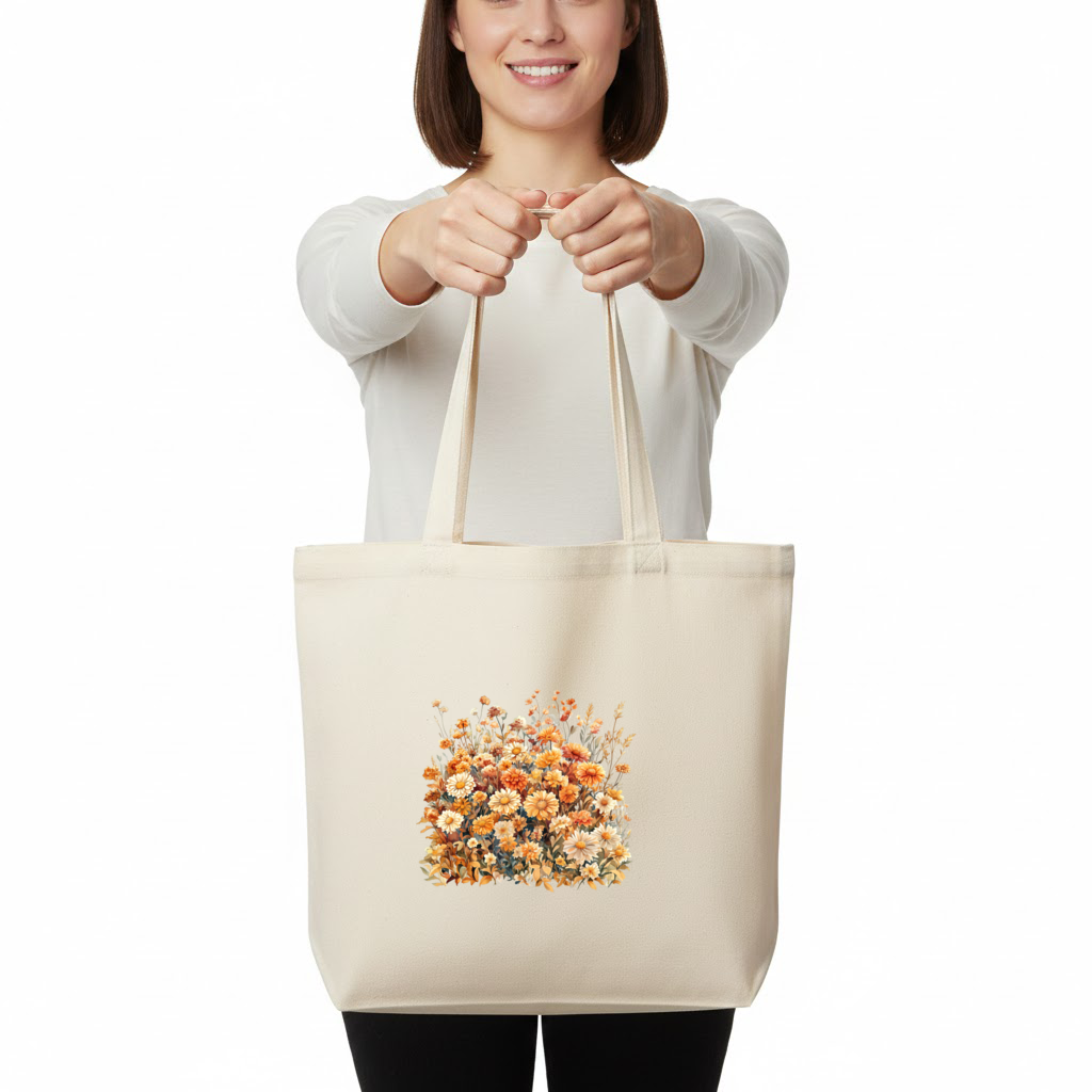 Watercolor Orange Wildflowers Horizontal Canvas Tote Bag