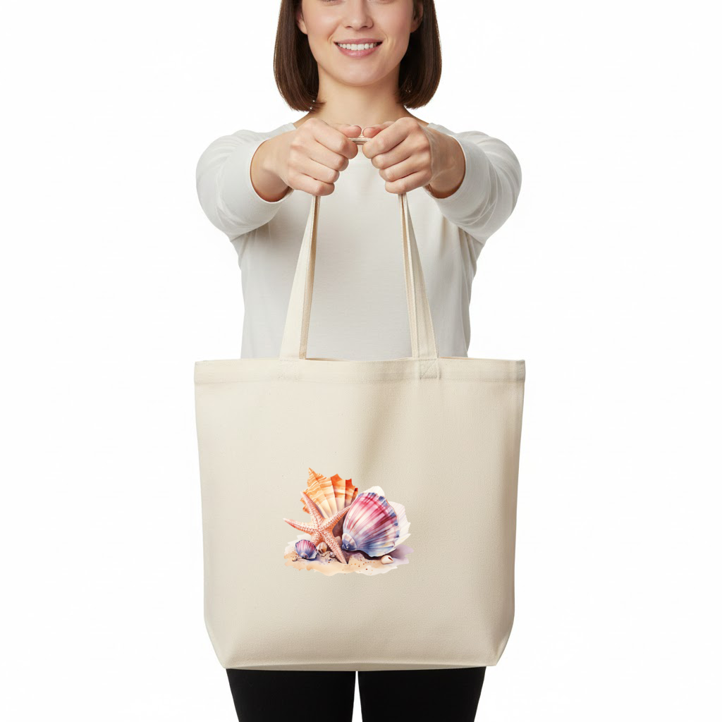 Watercolor Coastal Seashells Horizontal Canvas Tote Bag