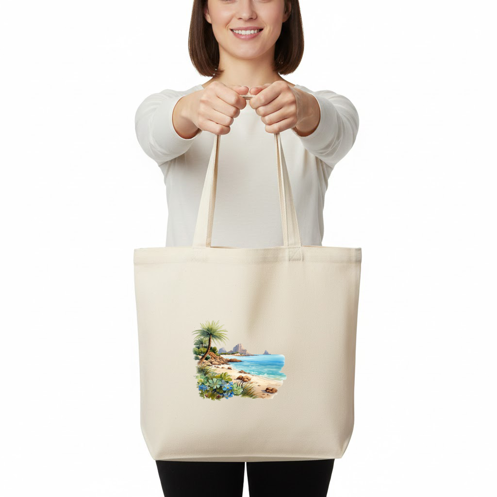 Tropical Palm Tree and Turquoise Sea Horizontal Canvas Tote Bag