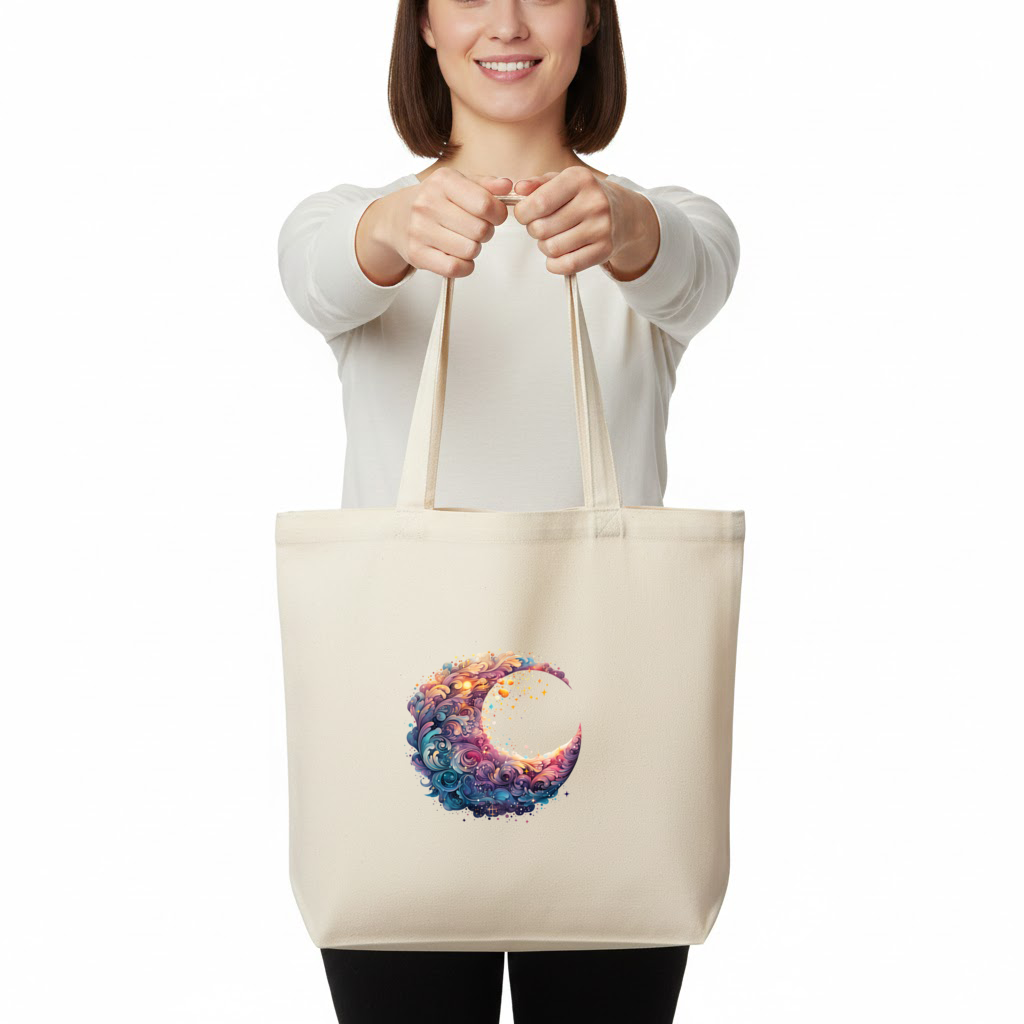 Colorful Swirled Celestial Moon Horizontal Canvas Tote Bag