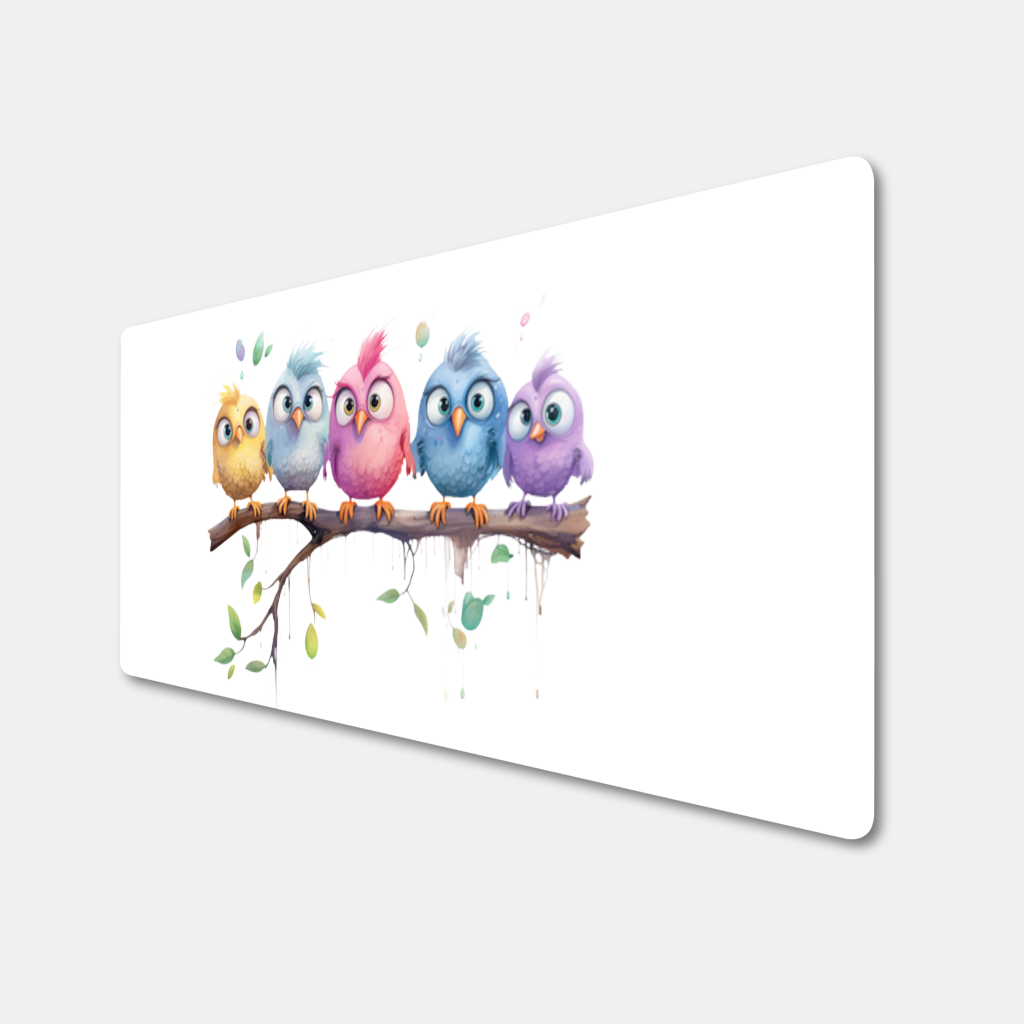 Five Colorful Kawaii Birds on Branch Mouse Pad