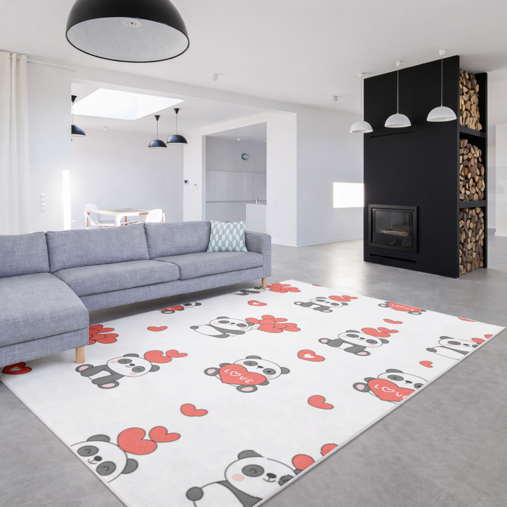 14 Şubat Sevimli Panda Kalp Desenli Aşk Tasarımı Salon Halısı