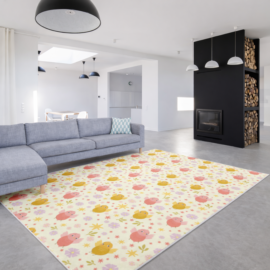 Sevimli Kuşlar ve Çiçekler Desenli Pastel Bahar İllüstrasyonu Salon Halısı