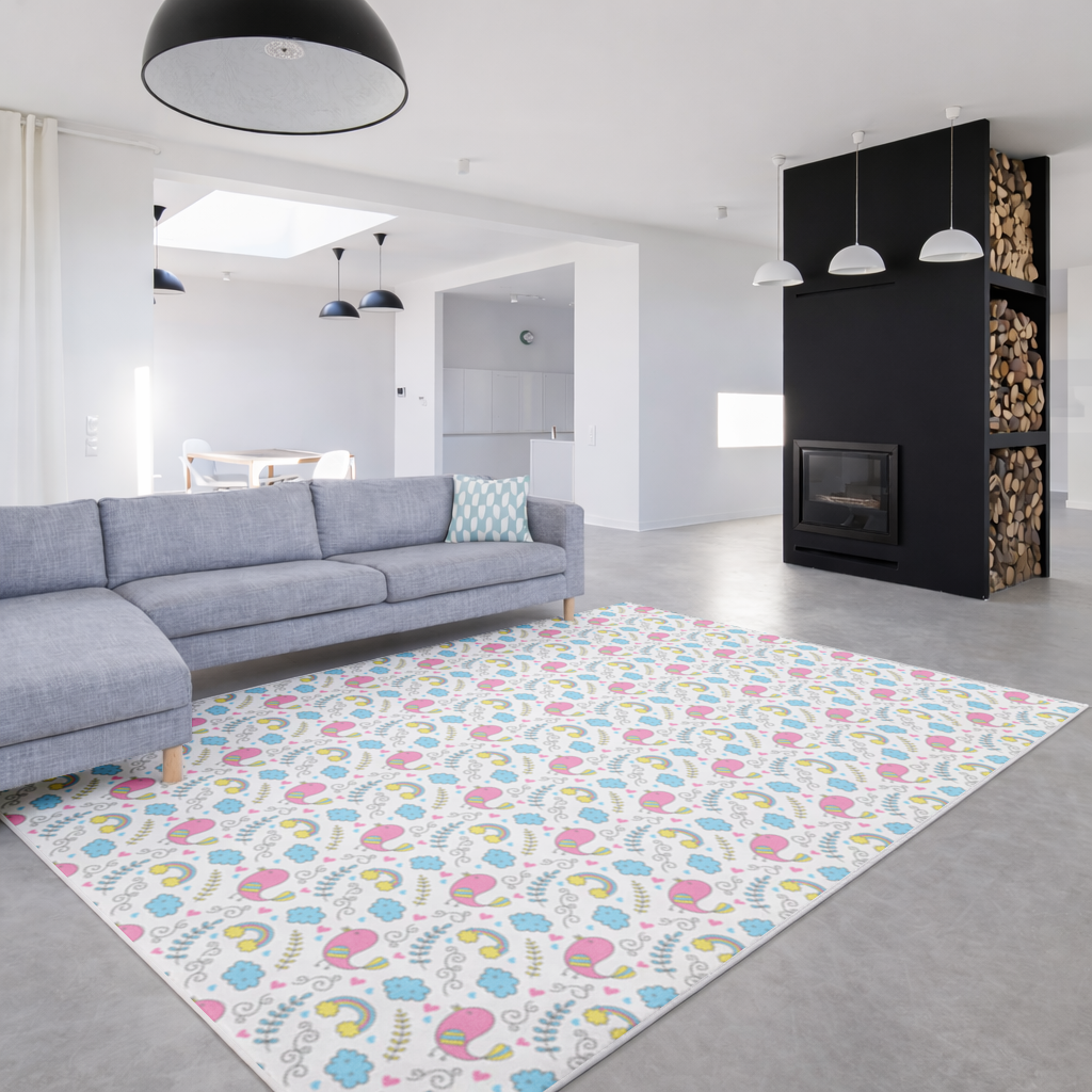 Sevimli Pembe Kuşlu ve Gökkuşaklı Çocuk Deseni Salon Halısı