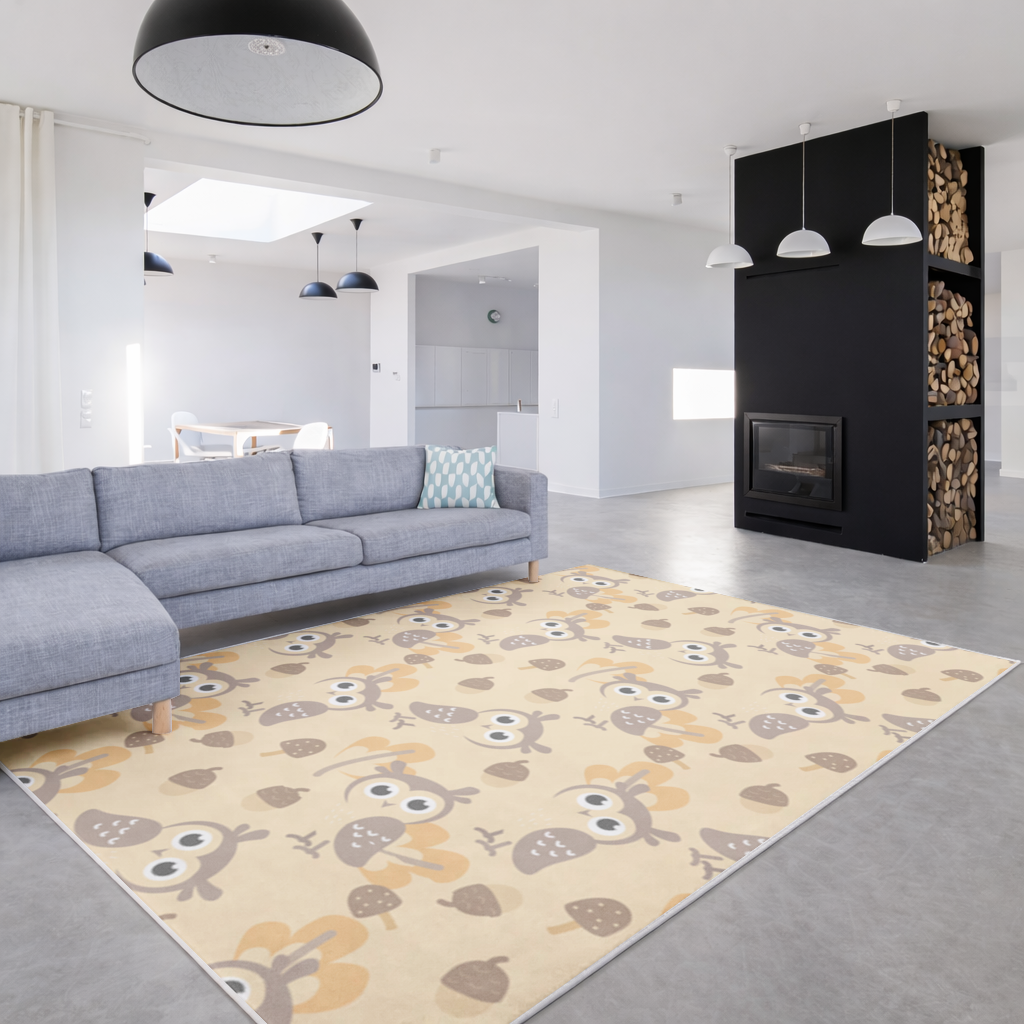 Sevimli Baykuş ve Meşe Palamudu Desenli Sonbahar Teması Salon Halısı