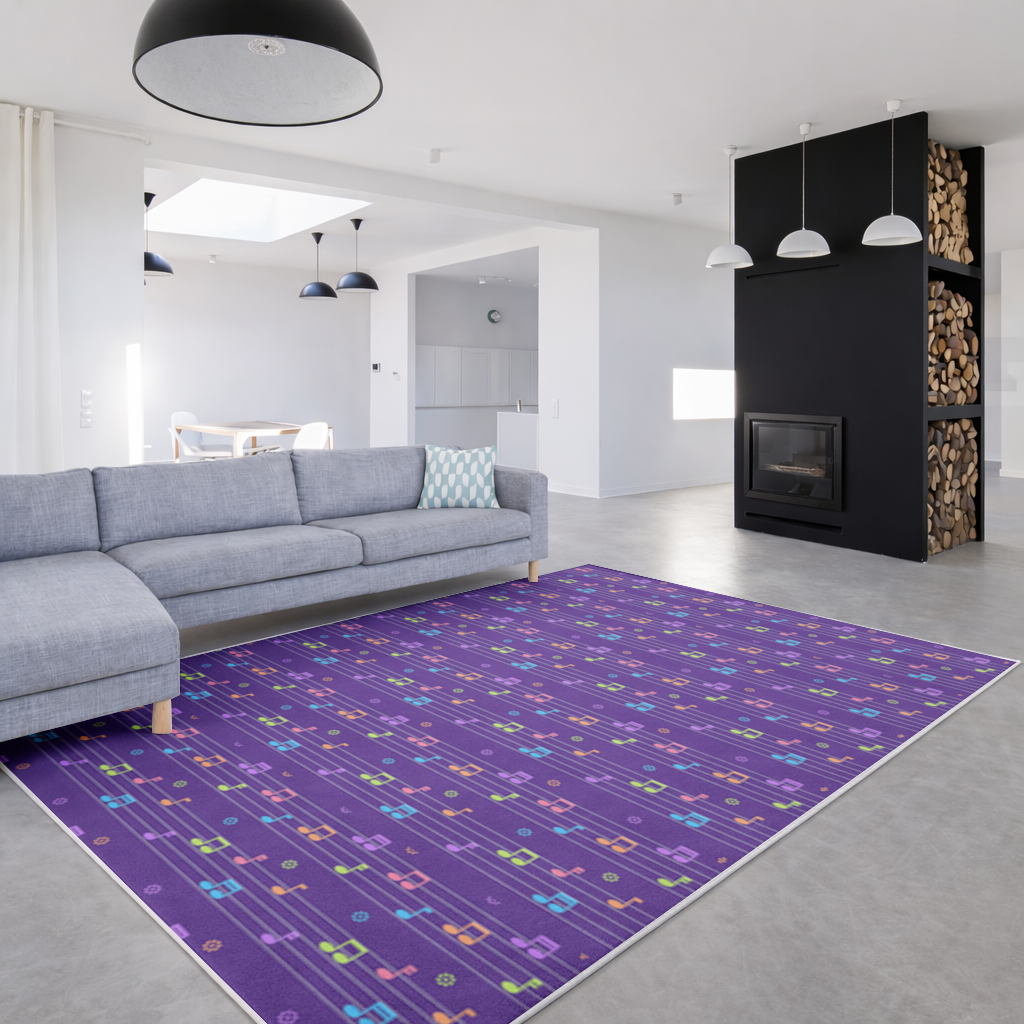 Renkli Müzik Notaları ve Modern Geometrik Desen Salon Halısı