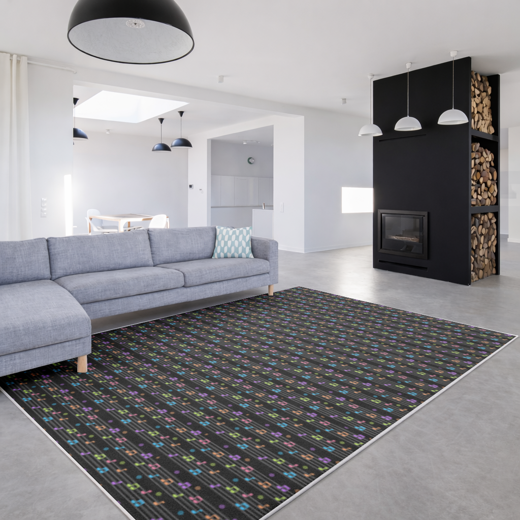 Neon Renkli Müzik Notaları ve Ritim Desenli Modern Tasarım Salon Halısı