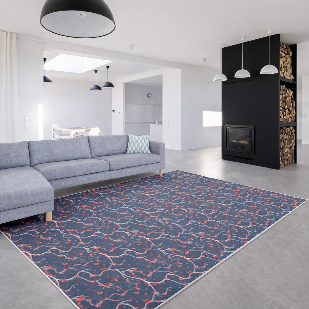 Red Floral Branch Pattern on Navy Background Living room carpet