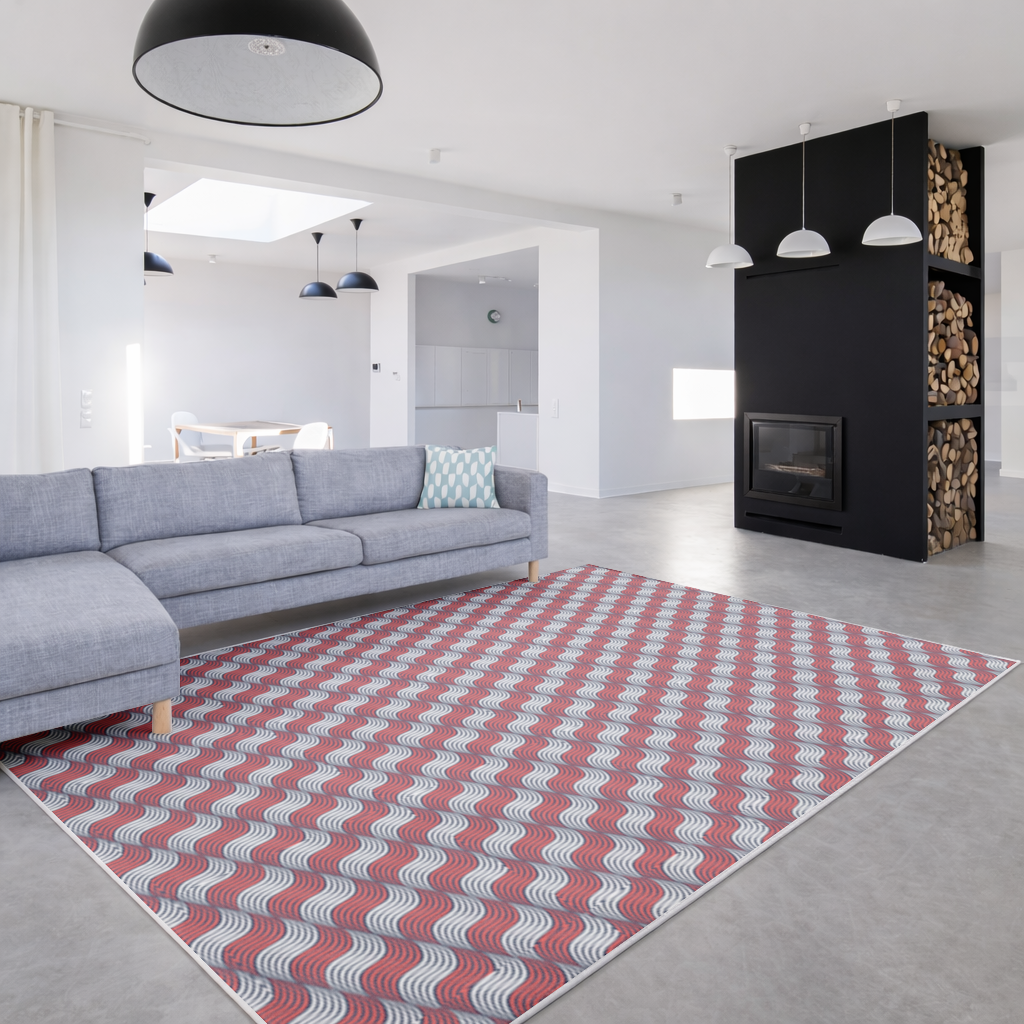 Kırmızı Lacivert Dalgalı Çizgi Deseni Salon Halısı