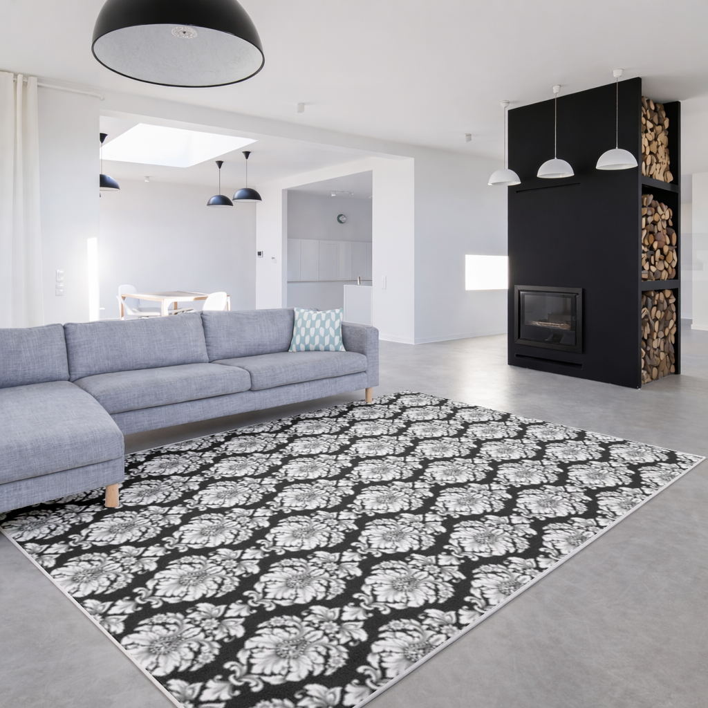 Siyah Beyaz Barok Çiçek Deseni Salon Halısı