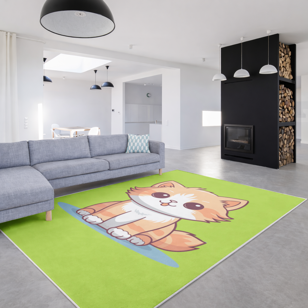 Sevimli Turuncu Kedi Çizimi Salon Halısı