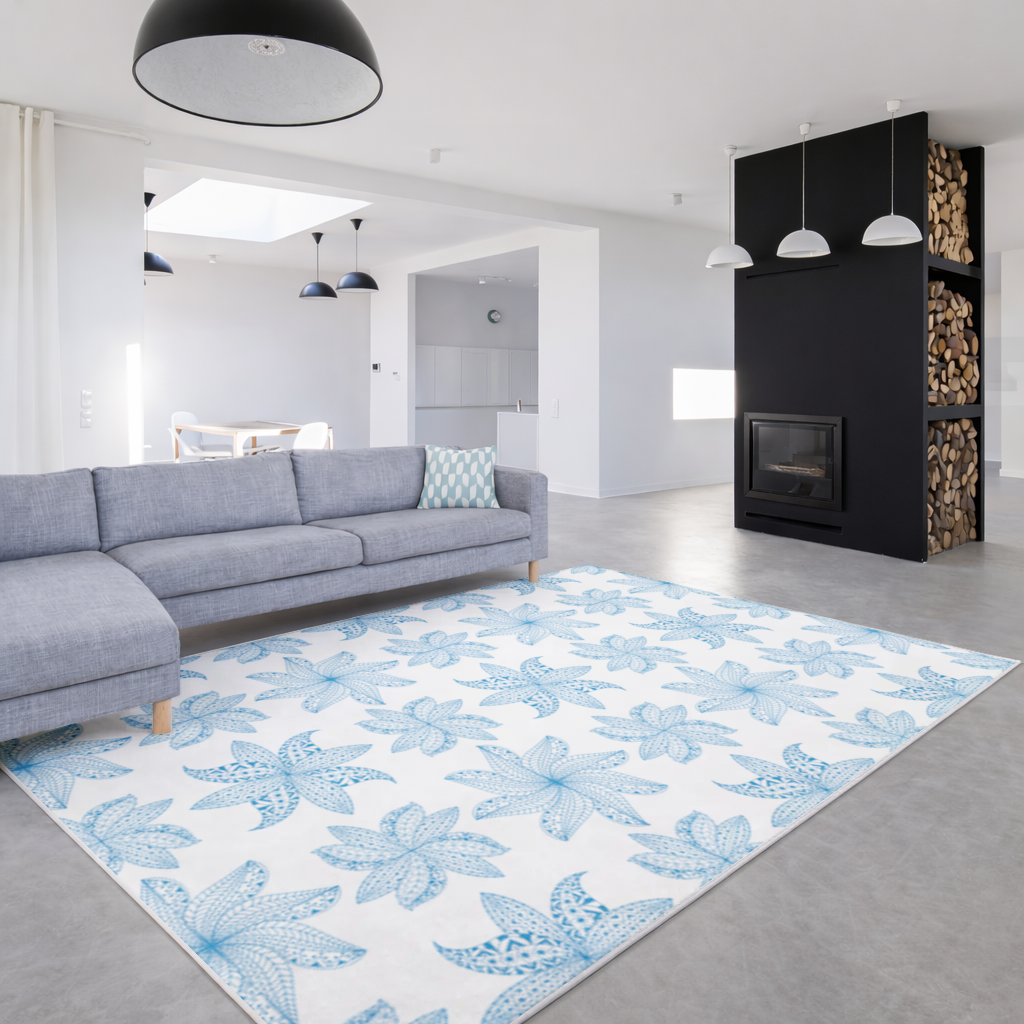 Blue Mandala Floral and Leaf Zentangle Pattern Living room carpet