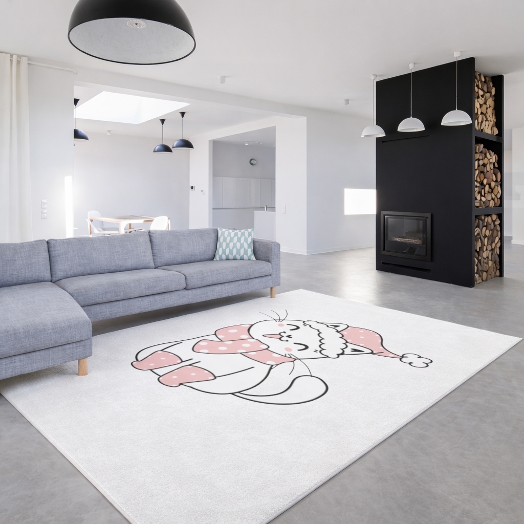 Sevimli Yılbaşı Kedisi Pembe Puantiyeli Çizim Salon Halısı