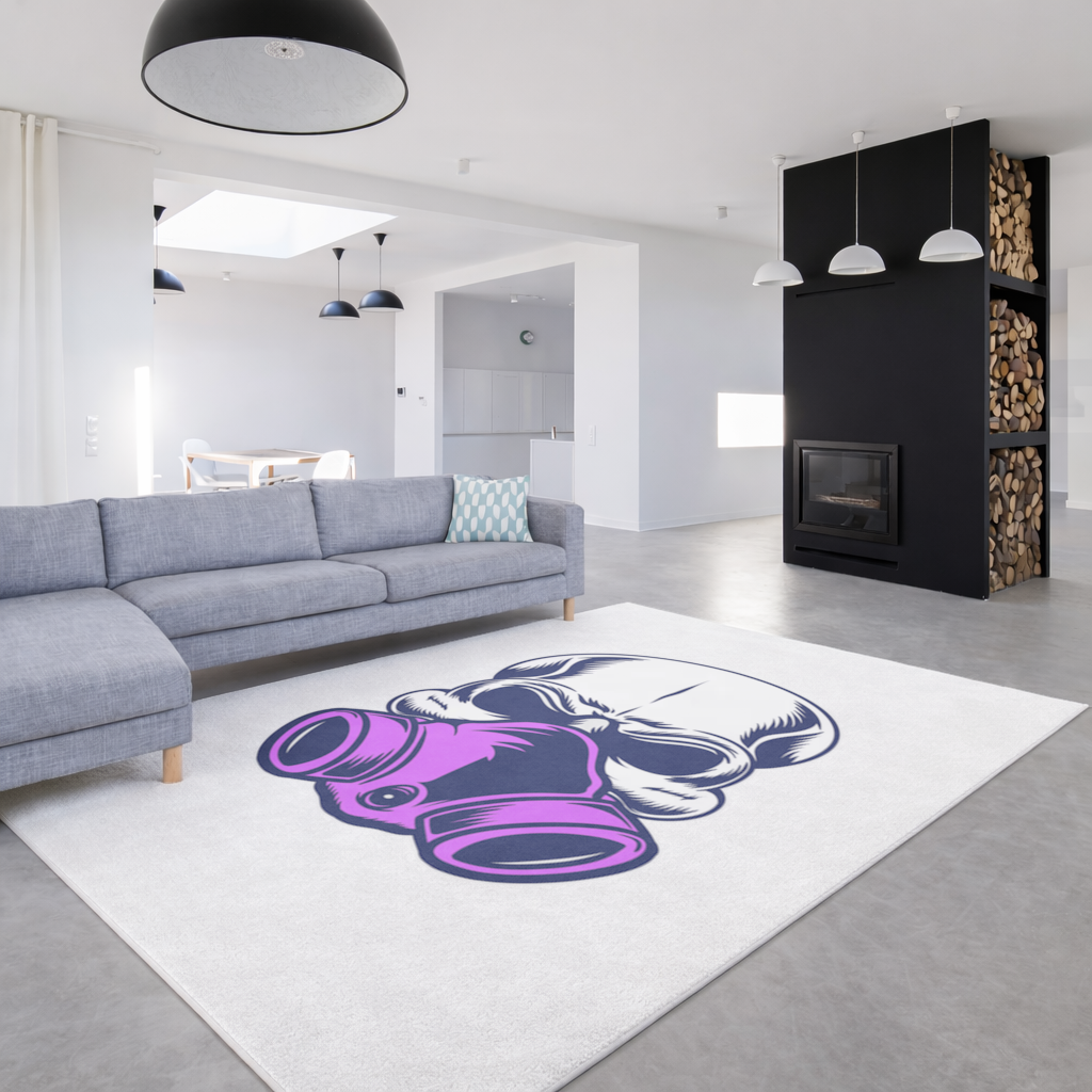 Gaz Maskeli Kafatası İllüstrasyonu Modern ve Sert Tasarım Salon Halısı