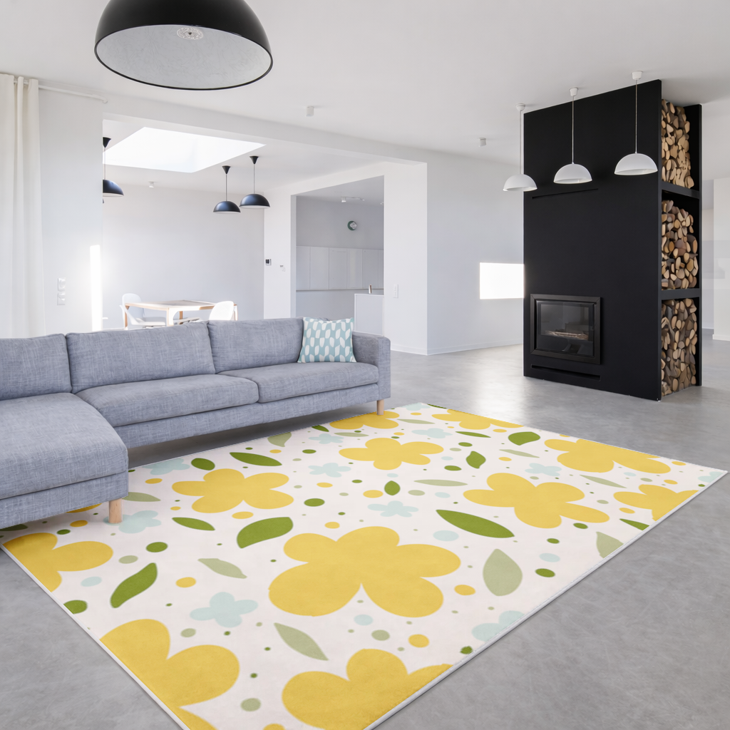 Sarı Çiçekli ve Yapraklı Boho Tarzı Dikişsiz Desen Salon Halısı