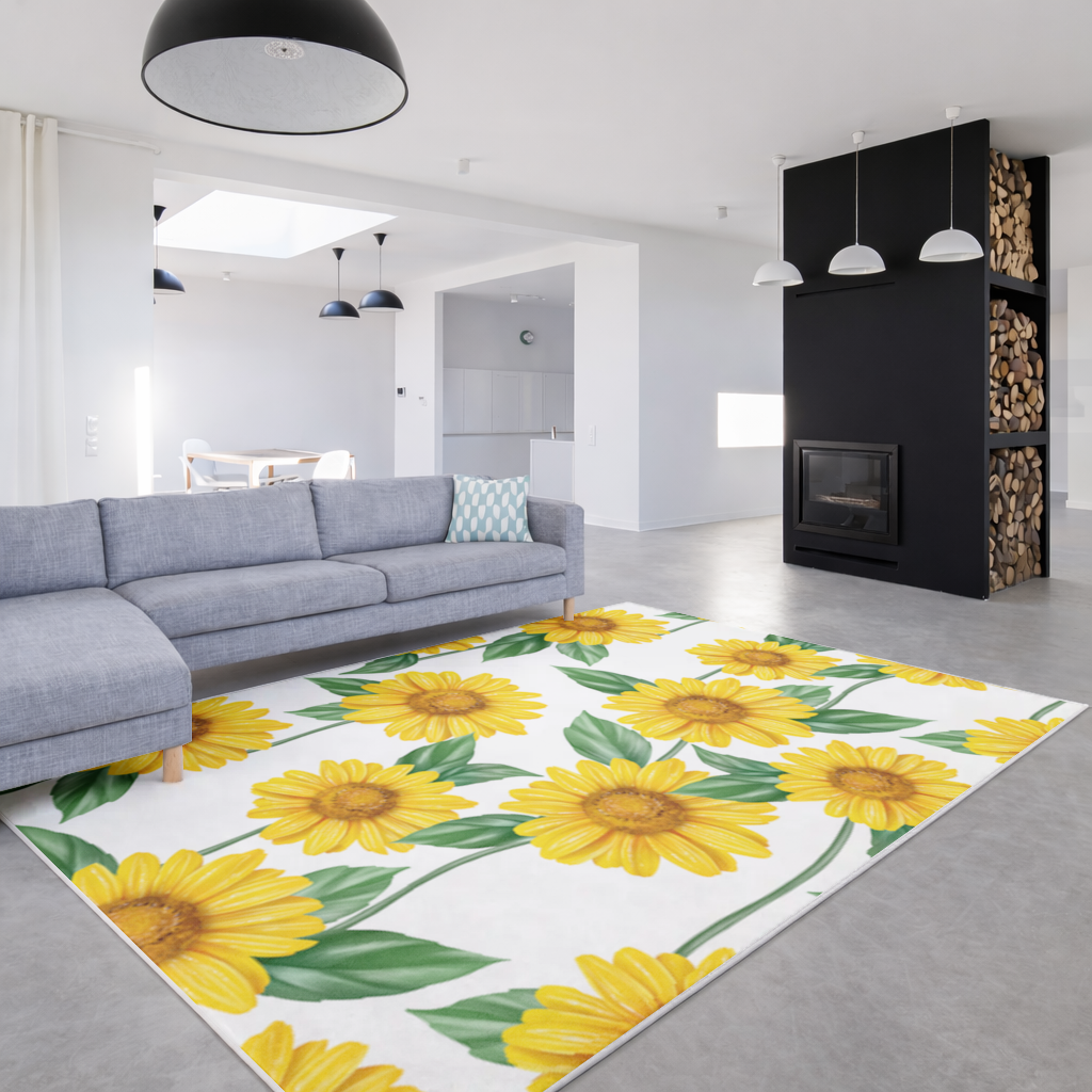 Canlı Sarı Ayçiçeği ve Yeşil Yaprak Desenli İllüstrasyon Salon Halısı
