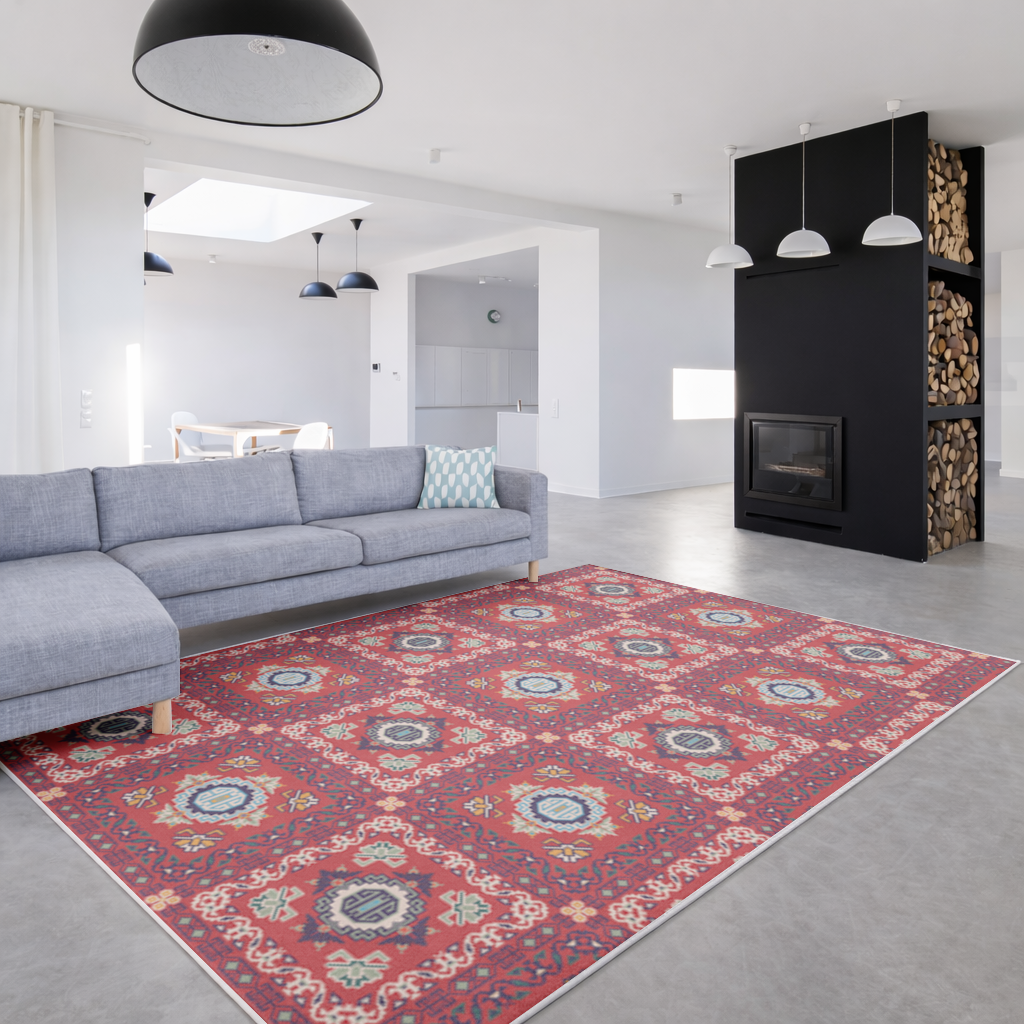 Geleneksel Kilim Motifli Kırmızı Etnik Geometrik Desen Salon Halısı