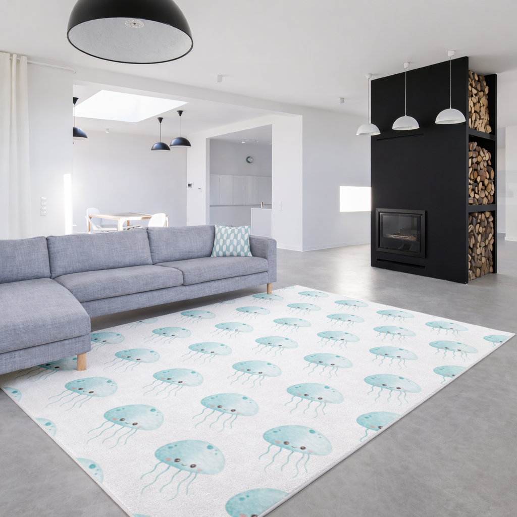 Sevimli Mavi Denizanası Karakteri Salon Halısı