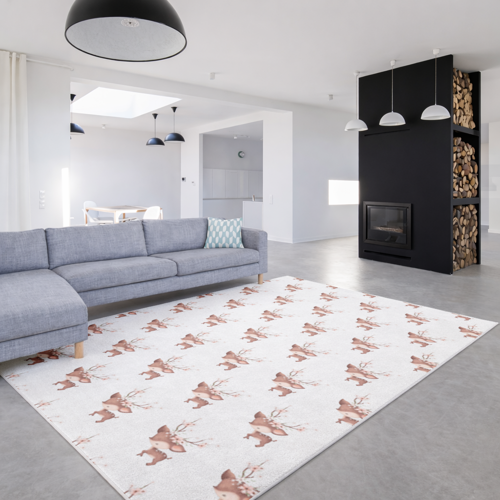 Çiçekli Boynuzlu Sevimli Yavru Geyik Salon Halısı