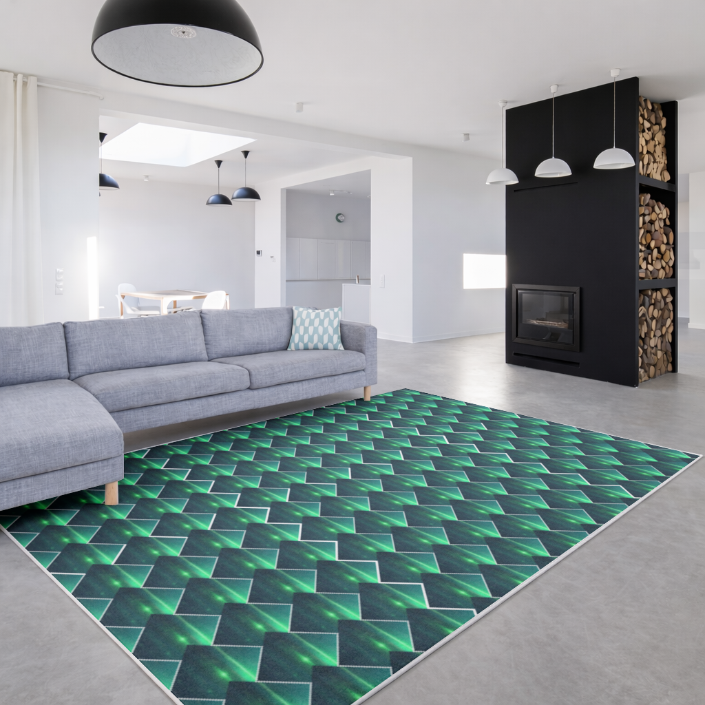 Green bright strips on black background. Living room carpet
