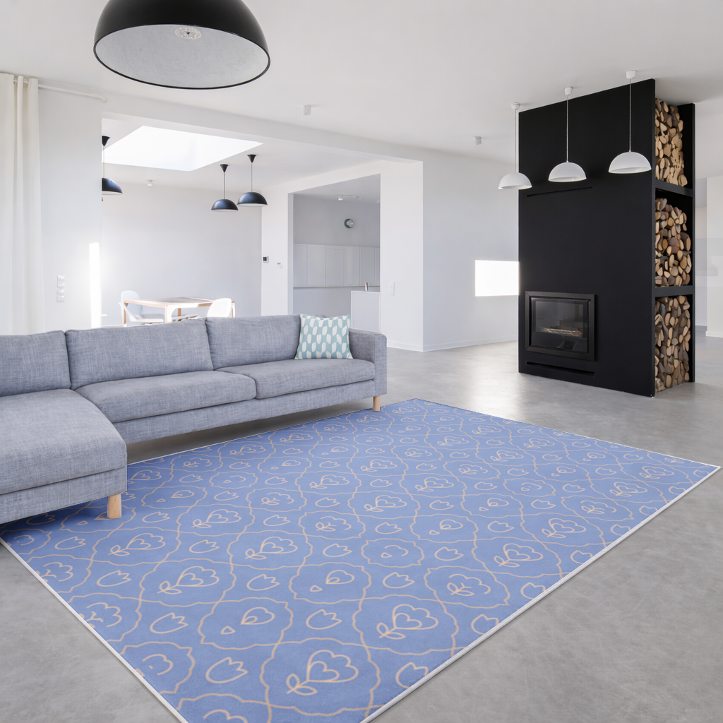 Orange Linear Floral Pattern on Blue Living room carpet