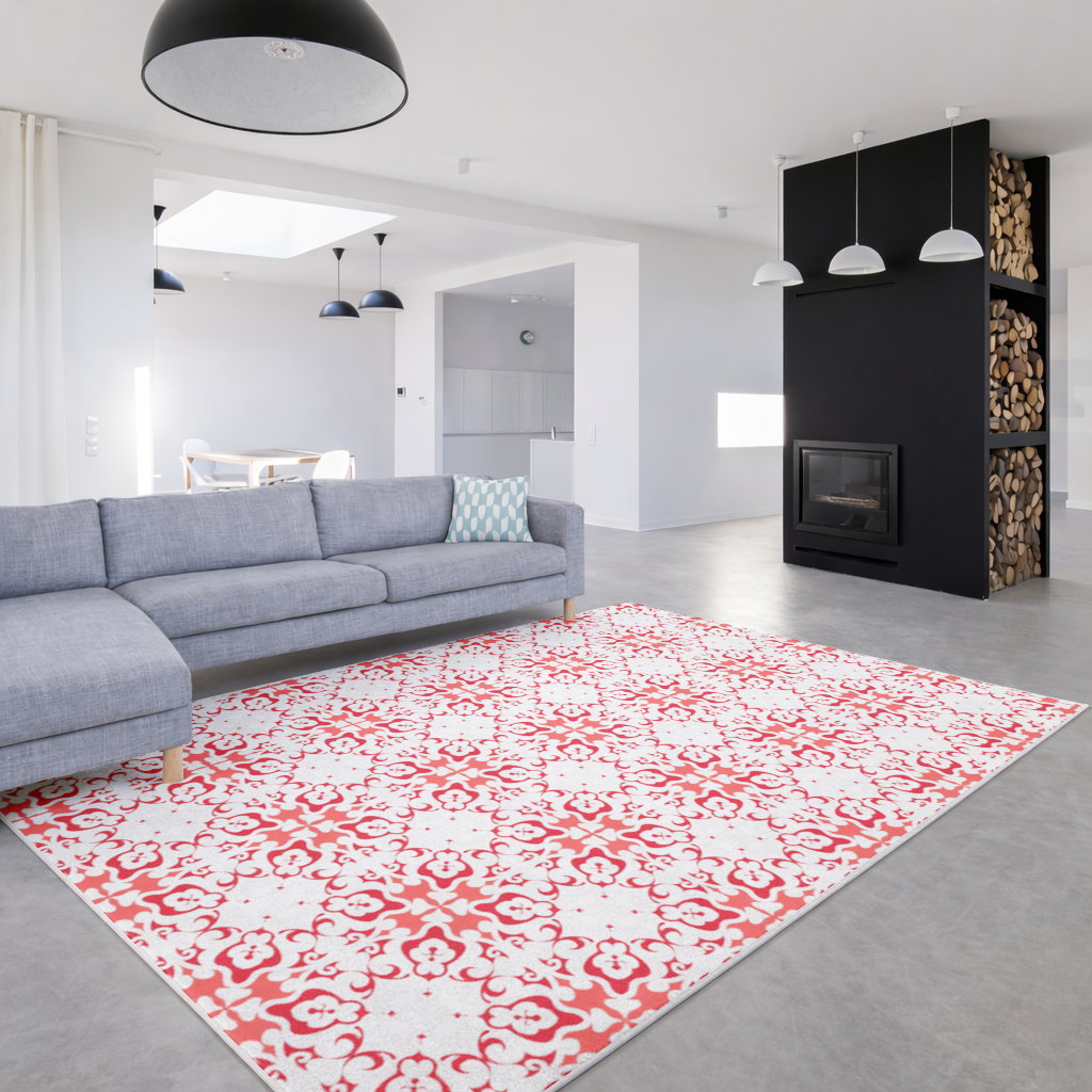 Kırmızı Beyaz Geleneksel Çini Tarzı Desen Salon Halısı