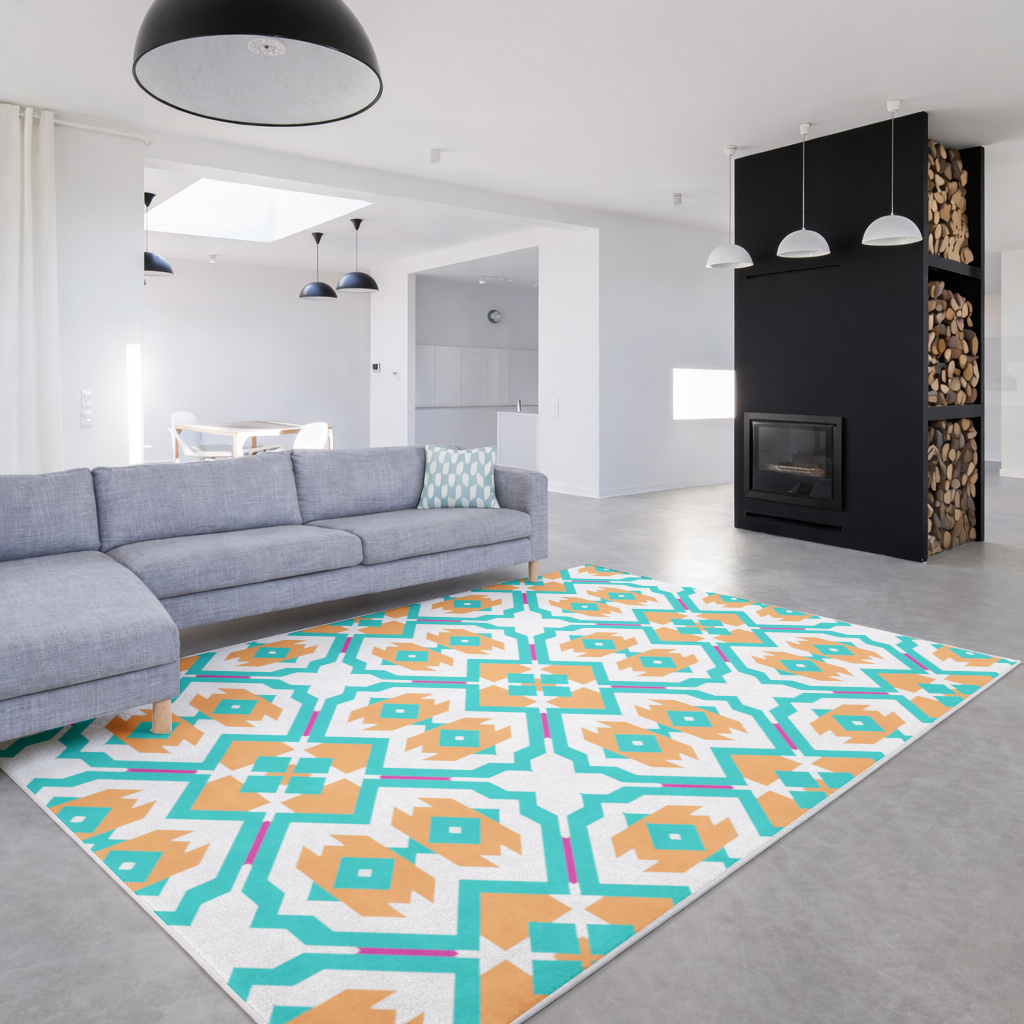 Orange and Turquoise Geometric Pattern Living room carpet