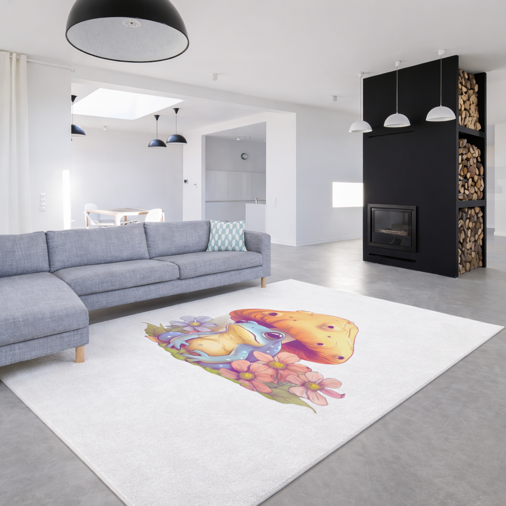 Mavi Kurbağa ve Turuncu Mantar Altında Huzur Salon Halısı