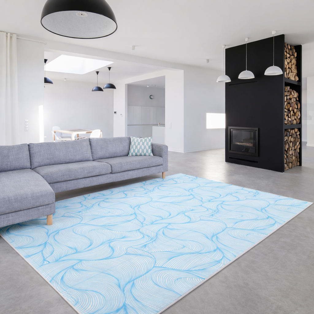 Mavi Dalgalı Çizgisel Soyut Desen Salon Halısı
