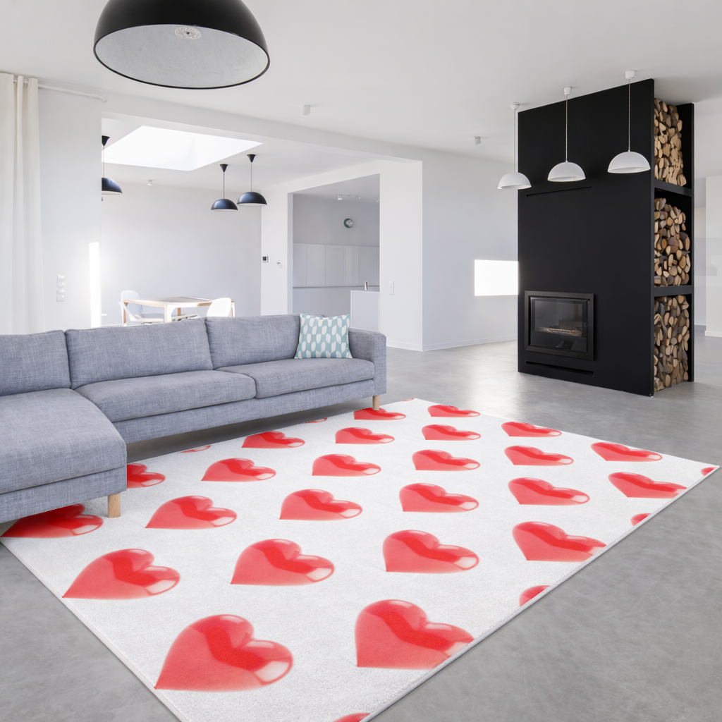 Parlak Kırmızı 3D Kalp Salon Halısı